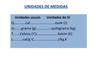 UNIDADES DE MEDIDAS
Unidades usuais Unidades do SI
Q............cal..........................Joule (J)
m.......grama (g)................quilograma (kg)
T.......Celsius (o
C)………..………….Kelvin (K)
c..........cal/g.o
C………….…………..J/kg.K
 