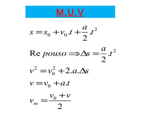M.U.V
2
0 0
2
2 2
0
0
0
. .
2
Re .
2
2. .
.
2
m
a
s s v t t
a
pouso s t
v v a s
v v a t
v v
v
= + +
⇒∆ =
= + ∆
= +
+
=
 