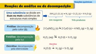 Uma substância se divide em
duas ou mais substâncias de
estruturas mais simples
(NH4)2Cr2O7 (s) → N2 (g) + Cr2O3 (s) + 4 H2O (g)
Pirólise: decomposição
pelo calor (Δ).
Fotólise: decomposição
pela luz
Eletrólise: decomposição
pela eletricidade
Um reagente Três produtos
2 Cu(NO3)2 (s) → 2 CuO (s) + 4 NO2 (g) + O2 (g)
Δ
H2O2 (aq) → H2O (l) + ½ O2 (g)
luz
H2O (l) → H2 (g) + ½ O2 (g)
Eletrólise
Reações de análise ou de decomposição
Reações químicas
 
