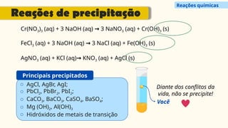 o AgCl, AgBr, AgI;
o PbCl2, PbBr2, PbI2;
o CaCO3, BaCO3, CaSO4, BaSO4;
o Mg (OH)2, Al(OH)3
o Hidróxidos de metais de transição
Principais precipitados
Cr(NO3)3 (aq) + 3 NaOH (aq) → 3 NaNO3 (aq) + Cr(OH)3 (s)
FeCl3 (aq) + 3 NaOH (aq) → 3 NaCl (aq) + Fe(OH)3 (s)
AgNO3 (aq) + KCl (aq)→ KNO3 (aq) + AgCl (s)
Diante dos conflitos da
vida, não se precipite!
Você
Reações de precipitação
Reações químicas
 