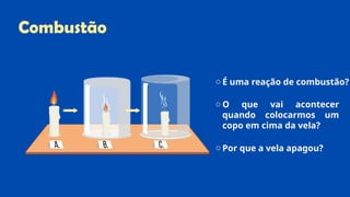 Combustão
o É uma reação de combustão?
o O que vai acontecer
quando colocarmos um
copo em cima da vela?
o Por que a vela apagou?
 