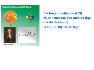 F = força gravitacional (N)
M, m = massas dos objetos (kg)
d = distância (m)
G = (6, 7. 10)-11 N.m2 /kg2
 