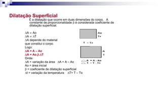 Dilatação Superficial
È a dilatação que ocorre em duas dimensões do corpo. A
constante de proporcionalidade  é considerada coeficiente de
dilatação superficial.
DA  Ao
DA  DT
DA depende do material
que constitui o corpo.
Logo:
DA = A – Ao
DA = Ao..DT
Onde:
DA = variação da área DA = A – Ao
Ao = área inicial
 = coeficiente de dilatação superficial
Dt = variação da temperatura DT= T – To
 