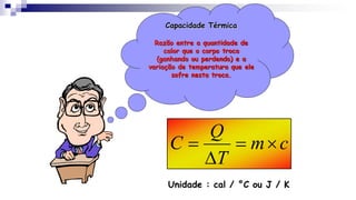 Capacidade Térmica
Razão entre a quantidade de
calor que o corpo troca
(ganhando ou perdendo) e a
variação de temperatura que ele
sofre nesta troca.
c
m
T
Q
C 

D

Unidade : cal / °C ou J / K
 