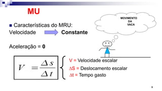 MU
 Características do MRU:
Velocidade Constante
Aceleração = 0
3
V = Velocidade escalar
DS = Deslocamento escalar
Dt = Tempo gasto
MOVIMENTO
DA
VACA
 