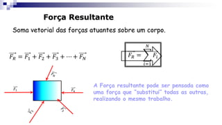 Força Resultante
Soma vetorial das forças atuantes sobre um corpo.
𝐹𝑅 = 𝐹1 + 𝐹2 + 𝐹3 + ⋯ + 𝐹𝑁
𝐹𝑅 =
𝑖=1
𝑁
𝐹𝑖
𝐹1 𝐹4
A Força resultante pode ser pensada como
uma força que “substitui” todas as outras,
realizando o mesmo trabalho.
 
