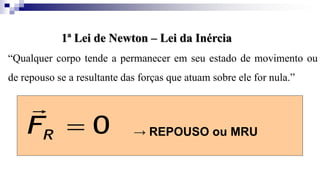 1ª Lei de Newton – Lei da Inércia
“Qualquer corpo tende a permanecer em seu estado de movimento ou
de repouso se a resultante das forças que atuam sobre ele for nula.”
0

R
F

→ REPOUSO ou MRU
 