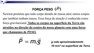 FORÇA PESO
Newton postulou que todo corpo dotado de massa atrai outros corpos
que também tenham massa. Essa força de atração é conhecida como
força gravitacional. Todos os corpos na superfície da Terra são
atraídos na direção do centro do nosso planeta com uma força
que chamamos de PESO.
)
(P

g
m
P


.
 g vale aproximadamente
10 m/s² na superfície da Terra.
 