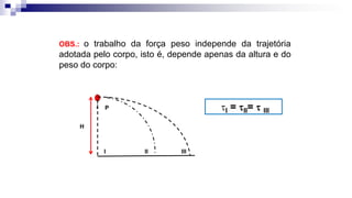 OBS.: o trabalho da força peso independe da trajetória
adotada pelo corpo, isto é, depende apenas da altura e do
peso do corpo:
H
P
I II III
I = II=  III
 