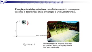Energia Potencial Gravitacional
Energia potencial gravitacional: manifesta-se quando um corpo se
encontra a determinada altura em relação a um nível referencial.
Usina hidrelétrica: no ponto mais alto
da queda-d´água, a energia potencial
tem seu maior valor.
 