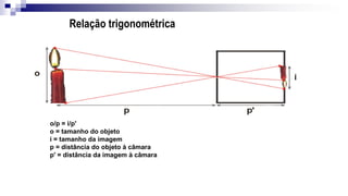 Relação trigonométrica
o/p = i/p'
o = tamanho do objeto
i = tamanho da imagem
p = distância do objeto à câmara
p' = distância da imagem à câmara
 