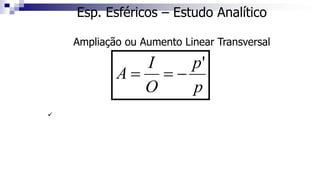 Esp. Esféricos – Estudo Analítico
Ampliação ou Aumento Linear Transversal
p
p
O
I
A
'
−
=
=
 A = Ampliação, é um número adimensional.
 