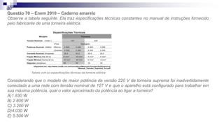 30ª
Questão 70 – Enem 2010 – Caderno amarelo
Observe a tabela seguinte. Ela traz especificações técnicas constantes no manual de instruções fornecido
pelo fabricante de uma torneira elétrica.
Considerando que o modelo de maior potência da versão 220 V da torneira suprema foi inadvertidamente
conectada a uma rede com tensão nominal de 127 V e que o aparelho está configurado para trabalhar em
sua máxima potência, qual o valor aproximado da potência ao ligar a torneira?
A)1.830 W
B) 2.800 W
C) 3.200 W
D)4.030 W
E) 5.500 W
 