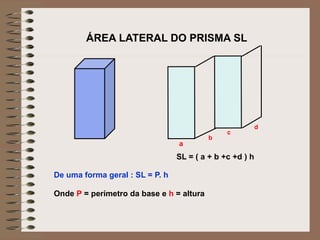 ÁREA LATERAL DO PRISMA SL
a
b
c
d
SL = ( a + b +c +d ) h
De uma forma geral : SL = P. h
Onde P = perímetro da base e h = altura
 