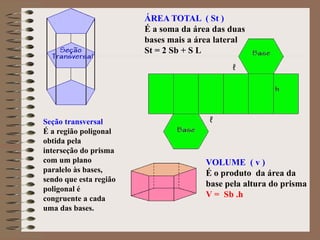Seção transversal
É a região poligonal
obtida pela
interseção do prisma
com um plano
paralelo às bases,
sendo que esta região
poligonal é
congruente a cada
uma das bases.
ÁREA TOTAL ( St )
É a soma da área das duas
bases mais a área lateral
St = 2 Sb + S L
VOLUME ( v )
É o produto da área da
base pela altura do prisma
V = Sb .h
 
