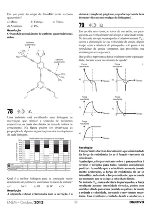 Em que parte do corpo do NanoKid existe carbono
quaternário?
a) Mãos.
b) Cabeça.
c) Tórax.
d) Abdômen.
e) Pés.

sistema (complexo) golgiense, o qual se apresenta bem
desenvolvido nas microalgas da linhagem I.

Resolução

Em um dia sem vento, ao saltar de um avião, um paraquedista cai verticalmente até atingir a velocidade limite.
No instante em que o paraquedas é aberto (instante TA),
ocorre a diminuição de sua velocidade de queda. Algum
tempo após a abertura do paraquedas, ele passa a ter
velocidade de queda constante, que possibilita sua
aterrissagem em segurança.

79

O NanoKid possui átomo de carbono quaternário nas
mãos.
carbono
quaternário
CH3
CH3
H 3C

O

O

B

Que gráfico representa a força resultante sobre o paraquedista, durante o seu movimento de queda?

C
carbono
quaternário


C

CH3
CH3
CH3

78

A

Uma indústria está escolhendo uma linhagem de
microalgas que otimize a secreção de polímeros
comestíveis, os quais são obtidos do meio de cultura de
crescimento. Na figura podem ser observadas as
proporções de algumas organelas presentes no citoplasma
de cada linhagem.

Resolução

É importante observar, inicialmente, que a intensidade
da força de resistência do ar é função crescente da
velocidade.
A princípio, a força resultante sobre o paraquedista é
vertical e dirigida para baixo (sentido considerado
positivo). A medida que a velocidade aumenta (movimento acelerado), a força de resistência do ar se
intensifica, reduzindo a força resultante, que se anula
no momento que se atinge a velocidade limite.
No instante TA, com a abertura do paraquedas, a força
resultante assume intensidade elevada, porém com
sentido voltado para cima (sentido negativo), de modo
a reduzir a velocidade, tornando o movimento retardado. Essa resultante, contudo, tende a anular-se, o

Qual é a melhor linhagem para se conseguir maior
rendimento de polímeros secretados no meio de cultura?
a) I
b) II
c) III
d) IV
e) V
Resolução

A organela celular relacionada com a secreção é o

ENEM – Outubro/2013

32

OBJETIVO

 