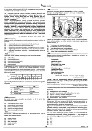 O texto abaixo, de John Locke (1632-1704), revela algumas características de          56
uma determinada corrente de pensamento.                                             O quadrinho publicado na revista Newsweek (23/9/1991) ilustra o
                                                                                    desespero dos cartógrafos para desenhar o novo mapa-múndi diante das
“Se o homem no estado de natureza é tão livre, conforme dissemos, se é
senhor absoluto da sua própria pessoa e posses, igual ao maior e a                  constantes mudanças de fronteiras.
ninguém sujeito, por que abrirá ele mão dessa liberdade, por que
abandonará o seu império e sujeitar-se-á ao domínio e controle de
qualquer outro poder?
Ao que é óbvio responder que, embora no estado de natureza tenha tal
direito, a utilização do mesmo é muito incerta e está constantemente
exposto à invasão de terceiros porque, sendo todos senhores tanto quanto
ele, todo homem igual a ele e, na maior parte, pouco observadores da
eqüidade e da justiça, o proveito da propriedade que possui nesse estado é
muito inseguro e muito arriscado. Estas circunstâncias obrigam-no a
abandonar uma condição que, embora livre, está cheia de temores e
perigos constantes; e não é sem razão que procura de boa vontade juntar-
se em sociedade com outros que estão já unidos, ou pretendem unir-se,
para a mútua conservação da vida, da liberdade e dos bens a que chamo
de propriedade.”
                           (Os Pensadores. São Paulo: Nova Cultural, 1991)
 52                                                                                 Levando em consideração o contexto da época em que a charge foi publicada,
Do ponto de vista político, podemos considerar o texto como uma tentativa de
justificar:                                                                         dentre as frases abaixo, a que melhor completa o texto da fala, propondo outra
                                                                                    correção no mapa, é:
(A)   a existência do governo como um poder oriundo da natureza.
(B)   a origem do governo como uma propriedade do rei.                              (A)    “A Albânia já não faz parte da Europa”.
(C)   o absolutismo monárquico como uma imposição da natureza humana.               (B)    “O número de países só está diminuindo”.
(D)   a origem do governo como uma proteção à vida, aos bens e aos direitos.        (C)    “Cuba já não faz parte do Terceiro Mundo”.
(E)   o poder dos governantes, colocando a liberdade individual acima da            (D)    “O Kasaquistão acabou de declarar independência”.
      propriedade.                                                                  (E)    “Vamos ter de dividir a Alemanha novamente”.
 53                                                                                   57
Analisando o texto, podemos concluir que se trata de um pensamento:                 O uso do pronome átono no início das frases é destacado por um poeta e por
                                                                                    um gramático nos textos abaixo.
(A) do liberalismo.
(B) do socialismo utópico.                                                                   Pronominais
(C) do absolutismo monárquico.                                                               Dê-me um cigarro
(D) do socialismo científico.                                                                Diz a gramática
(E) do anarquismo.                                                                           Do professor e do aluno
O suco extraído do repolho roxo pode ser utilizado como indicador do caráter                 E do mulato sabido
ácido (pH entre 0 e 7) ou básico (pH entre 7 e 14) de diferentes soluções.                   Mas o bom negro e o bom branco
Misturando-se um pouco de suco de repolho e da solução, a mistura passa a                    da Nação Brasileira
apresentar diferentes cores, segundo sua natureza ácida ou básica, de acordo                 Dizem todos os dias
com a escala abaixo.                                                                         Deixa disso camarada
                                                                                             Me dá um cigarro
                                                                                                    (ANDRADE, Oswald de. Seleção de textos. São Paulo:
                                                                                                                                Nova Cultural, 1988)
                                                                                    “Iniciar a frase com pronome átono só é lícito na conversação familiar,
                                                                                    despreocupada, ou na língua escrita quando se deseja reproduzir a fala
Algumas soluções foram testadas com esse indicador, produzindo os seguintes         dos personagens (...).”
resultados:
                                                                                    (CEGALLA, Domingos Paschoal. Novíssima gramática da língua portuguesa.
                                                                                                                              São Paulo: Nacional, 1980)
                       Material                      Cor
           I      Amoníaco                     Verde                                Comparando a explicação dada pelos autores sobre essa regra, pode-se afirmar
                                                                                    que ambos:
           II     Leite de magnésia            Azul
           III    Vinagre                      Vermelho                             (A)    condenam essa regra gramatical.
           IV     Leite de vaca                Rosa                                 (B)    acreditam que apenas os esclarecidos sabem essa regra.
                                                                                    (C)    criticam a presença de regras na gramática.
                                                                                    (D)    afirmam que não há regras para uso de pronomes.
 54                                                                                 (E)    relativizam essa regra gramatical.
De acordo com esses resultados, as soluções I, II, III e IV têm,                      58
respectivamente, caráter:                                                           O Brasil, em 1997, com cerca de 160 X 106 habitantes, apresentou um
                                                                                    consumo de energia da ordem de 250.000 TEP (tonelada equivalente de
(A)   ácido/básico/básico/ácido.                                                    petróleo), proveniente de diversas fontes primárias.
(B)   ácido/básico/ácido/básico.                                                    O grupo com renda familiar de mais de vinte salários mínimos representa 5% da
(C)   básico/ácido/básico/ácido.                                                    população brasileira e utiliza cerca de 10% da energia total consumida no país.
(D)   ácido/ácido/básico/básico.                                                    O grupo com renda familiar de até três salários mínimos representa 50% da
(E)   básico/básico/ácido/ácido.                                                    população e consome 30% do total de energia.
 55                                                                                 Com base nessas informações, pode-se concluir que o consumo médio de
Utilizando-se o indicador citado em sucos de abacaxi e de limão, pode-se            energia para um indivíduo do grupo de renda superior é x vezes maior do que
esperar como resultado as cores:                                                    para um indivíduo do grupo de renda inferior. O valor aproximado de x é:
(A)   rosa ou amarelo.                                                              (A) 2,1.
(B)   vermelho ou roxo.                                                             (B) 3,3.
(C)   verde ou vermelho.                                                            (C) 6,3.
(D)   rosa ou vermelho.                                                             (D) 10,5.
(E)   roxo ou azul.                                                                 (E) 12,7.
                                                                               13                                                                    AMARELA •
 