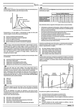22                                                                                             26
O gráfico abaixo representa o fluxo (quantidade de água em movimento) de um                  A tabela abaixo apresenta a l g u m a s das principais causas de mortes no Brasil,
rio, em três regiões distintas, após certo tempo de chuva.                                   distribuídas por região.

                                                                                                                                     Taxa por 10.000 habitantes
                                                                                                                             Brasil Região Região Região Região Região
                                                                                                                                      K       X      W        Y       Z
                                                                                             Causas mal definidas              9      5      15      8        6       6
                                                                                             Causas externas                   7      8       5      5        7       9
                                                                                             Neoplasias (cânceres)             6      5       3      3        9       9
                                                                                             Doenças respiratórias             6      4       3      2        8       7
                                                                                                                                         Fonte: Ministério da Saúde, 1996

                                                                                             São conhecidas ainda as seguintes informações sobre as causas de óbitos:

                                                                                             −     A dificuldade na obtenção de informações, a falta de notificação e o acesso
                                                                                                   precário aos serviços de saúde são fatores relevantes na contabilização dos
                                                                                                   óbitos por causas mal definidas.
                                                                                             −     O aumento da esperança de vida faz com que haja cada vez mais pessoas
Comparando-se, nas três regiões, a interceptação da água da chuva pela                             com maiores chances de desenvolver algum tipo de câncer.
cobertura vegetal, é correto afirmar que tal interceptação:                                  −     As mortes por doenças do aparelho respiratório estão estreitamente
                                                                                                   associadas à poluição nos grandes centros urbanos.
(A)   é maior no ambiente natural preservado.                                                −     Os acidentes de trânsito e os assassinatos representam a quase totalidade
(B)   independe da densidade e do tipo de vegetação.                                               das mortes por causas externas.
(C)   é menor nas regiões de florestas.                                                      −     A região Norte é a única que apresenta todas as taxas por 10.000
(D)   aumenta quando aumenta o grau de intervenção humana.                                         habitantes abaixo da taxa média brasileira.
(E)   diminui à medida que aumenta a densidade da vegetação.
  23                                                                                         Levando em consideração essas informações e o panorama social, econômico e
No ciclo da água, usado para produzir eletricidade, a água de lagos e oceanos,               ambiental do Brasil, pode-se concluir que as regiões K, X, W, Y e Z da tabela
irradiada pelo Sol, evapora-se dando origem a nuvens e se precipita como                     indicam, respectivamente, as regiões:
chuva. É então represada, corre de alto a baixo e move turbinas de uma usina,
acionando geradores. A eletricidade produzida é transmitida através de cabos e               (A)      Sul, Norte, Nordeste, Sudeste e Centro-Oeste.
fios e é utilizada em motores e outros aparelhos elétricos. Assim, para que o                (B)      Centro-Oeste, Sudeste, Norte, Nordeste e Sul.
ciclo seja aproveitado na geração de energia elétrica, constrói-se uma                       (C)      Centro-Oeste, Nordeste, Norte, Sul e Sudeste.
barragem para represar a água.                                                               (D)      Norte, Nordeste, Sul, Centro-Oeste e Sudeste.
                                                                                             (E)      Norte, Sudeste, Centro-Oeste, Nordeste e Sul.
Entre os possíveis impactos ambientais causados por essa construção, devem                       27
ser destacados:                                                                              O gráfico abaixo representa a evolução da quantidade de oxigênio na atmosfera
                                                                                             no curso dos tempos geológicos. O número 100 sugere a quantidade atual de
(A)    aumento do nível dos oceanos e chuva ácida.                                           oxigênio na atmosfera, e os demais valores indicam diferentes porcentagens
(B)    chuva ácida e efeito estufa.                                                          dessa quantidade.
(C)    alagamentos e intensificação do efeito estufa.
(D)    alagamentos e desequilíbrio da fauna e da flora.
(E)    alteração do curso natural dos rios e poluição atmosférica.
  24
“Casa que não entra sol, entra médico.” Esse antigo ditado reforça a
importância de, ao construirmos casas, darmos orientações adequadas aos
dormitórios, de forma a garantir o máximo conforto térmico e salubridade.
Assim, confrontando casas construídas em Lisboa (ao norte do Trópico de
Câncer) e em Curitiba (ao sul do Trópico de Capricórnio), para g a r a n t i r a
n e c e s s á r i a l u z d o s o l , as janelas dos quartos n ã o devemestarvoltadas,
respectivamente, para os pontos cardeais:

(A)    norte/sul.
(B)    sul/norte.
(C)    leste/oeste.
(D)    oeste/leste.
(E)    oeste/oeste.
  25
João deseja comprar um carro cujo preço à vista, com todos os descontos
possíveis, é de R$ 21.000,00, e esse valor não será reajustado nos próximos
meses.
Ele tem R$ 20.000,00, que podem ser aplicados a uma taxa de juros
compostos de 2% ao mês, e escolhe deixar todo o seu dinheiro aplicado até que                De acordo com o gráfico é correto afirmar que:
o montante atinja o valor do carro.
Para ter o carro, João deverá esperar:                                                       (A) as primeiras formas de vida surgiram na ausência de O2.
                                                                                             (B) a atmosfera primitiva apresentava 1% de teor de oxigênio.
(A)    dois meses, e terá a quantia exata.                                                   (C) após o início da fotossíntese, o teor de oxigênio na atmosfera mantém-se
(B)    três meses, e terá a quantia exata.                                                       estável.
(C)    três meses, e ainda sobrarão, aproximadamente, R$ 225,00.                             (D) desde o Pré-cambriano, a atmosfera mantém os mesmos níveis de teor de
(D)    quatro meses, e terá a quantia exata.                                                     oxigênio.
(E)    quatro meses, e ainda sobrarão, aproximadamente, R$ 430,00.                           (E) na escala evolutiva da vida, quando surgiram os anfíbios, o teor de
                                                                                                 oxigênio atmosférico já se havia estabilizado.
                                                                                         8                                                                       AMARELA •
 