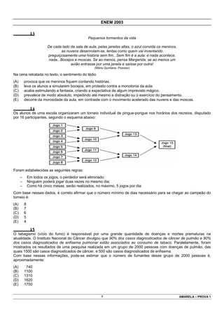 ENEM 2003

               13
                                                 Pequenos tormentos da vida

                         De cada lado da sala de aula, pelas janelas altas, o azul convida os meninos,
                                 as nuvens desenrolam-se, lentas como quem vai inventando
                         preguiçosamente uma história sem fim...Sem fim é a aula: e nada acontece,
                          nada...Bocejos e moscas. Se ao menos, pensa Margarida, se ao menos um
                                      avião entrasse por uma janela e saísse por outra!
                                                     (Mário Quintana. Poesias)

Na cena retratada no texto, o sentimento do tédio
(A)       provoca que os meninos fiquem contando histórias.
(B)       leva os alunos a simularem bocejos, em protesto contra a monotonia da aula.
(C)       acaba estimulando a fantasia, criando a expectativa de algum imprevisto mágico.
(D)       prevalece de modo absoluto, impedindo até mesmo a distração ou o exercício do pensamento.
(E)       decorre da morosidade da aula, em contraste com o movimento acelerado das nuvens e das moscas.

               14
Os alunos de uma escola organizaram um torneio individual de pingue-pongue nos horários dos recreios, disputado
por 16 participantes, segundo o esquema abaixo:




Foram estabelecidas as seguintes regras:
      –       Em todos os jogos, o perdedor será eliminado;
      –       Ninguém poderá jogar duas vezes no mesmo dia;
      –       Como há cinco mesas, serão realizados, no máximo, 5 jogos por dia.
Com base nesses dados, é correto afirmar que o número mínimo de dias necessário para se chegar ao campeão do
torneio é:
(A)       8
(B)       7
(C)       6
(D)       5
(E)       4

               15
O tabagismo (vício do fumo) é responsável por uma grande quantidade de doenças e mortes prematuras na
atualidade. O Instituto Nacional do Câncer divulgou que 90% dos casos diagnosticados de câncer de pulmão e 80%
dos casos diagnosticados de enfisema pulmonar estão associados ao consumo de tabaco. Paralelamente, foram
mostrados os resultados de uma pesquisa realizada em um grupo de 2000 pessoas com doenças de pulmão, das
quais 1500 são casos diagnosticados de câncer, e 500 são casos diagnosticados de enfisema.
Com base nessas informações, pode-se estimar que o número de fumantes desse grupo de 2000 pessoas é,
aproximadamente:
(A)        740
(B)       1100
(C)       1310
(D)       1620
(E)       1750


                                                         7                                               AMARELA – PROVA 1
 