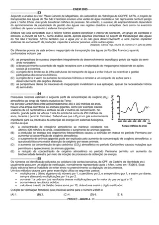 ENEM 2005
                      53
Segundo a análise do Prof. Paulo Canedo de Magalhães, do Laboratório de Hidrologia da COPPE, UFRJ, o projeto de
transposição das águas do Rio São Francisco envolve uma vazão de água modesta e não representa nenhum perigo
para o Velho Chico, mas pode beneficiar milhões de pessoas. No entanto, o sucesso do empreendimento dependerá
do aprimoramento da capacidade de gestão das águas nas regiões doadora e receptora, bem como no exercício
cotidiano de operar e manter o sistema transportador.
Embora não seja contestado que o reforço hídrico poderá beneficiar o interior do Nordeste, um grupo de cientistas e
técnicos, a convite da SBPC, numa análise isenta, aponta algumas incertezas no projeto de transposição das águas
do Rio São Francisco. Afirma também que a água por si só não gera desenvolvimento e será preciso implantar
sistemas de escoamento de produção, capacitar e educar pessoas, entre outras ações.
                                                                   (Adaptado. Ciência Hoje, volume 37, número 217, julho de 2005)

Os diferentes pontos de vista sobre o megaprojeto de transposição das águas do Rio São Francisco quando
confrontados indicam que

(A) as perspectivas de sucesso dependem integralmente do desenvolvimento tecnológico prévio da região do semi-
    árido nordestino.
(B) o desenvolvimento sustentado da região receptora com a implantação do megaprojeto independe de ações
    sociais já existentes.
(C) o projeto deve limitar-se às infra-estruturas de transporte de água e evitar induzir ou incentivar a gestão
    participativa dos recursos hídricos.
(D) o projeto deve ir além do aumento de recursos hídricos e remeter a um conjunto de ações para o
    desenvolvimento das regiões afetadas.
(E) as perspectivas claras de insucesso do megaprojeto inviabilizam a sua aplicação, apesar da necessidade hídrica
    do semi-árido.

                      54
Pesquisas recentes estimam o seguinte perfil da concentração de oxigênio (O2)
atmosférico ao longo da história evolutiva da Terra:
No período Carbonífero entre aproximadamente 350 e 300 milhões de anos,
houve uma ampla ocorrência de animais gigantes, como por exemplo insetos
voadores de 45 centímetros e anfíbios de até 2 metros de comprimento. No
entanto, grande parte da vida na Terra foi extinta há cerca de 250 milhões de
anos, durante o período Permiano. Sabendo-se que o O2 é um gás extremamente
importante para os processos de obtenção de energia em sistemas biológicos,
conclui-se que
(A)   a concentração de nitrogênio atmosférico se manteve constante nos
      últimos 400 milhões de anos, possibilitando o surgimento de animais gigantes.
(B)   a produção de energia dos organismos fotossintéticos causou a extinção em massa no período Permiano por
      aumentar a concentração de oxigênio atmosférico.
(C) o surgimento de animais gigantes pode ser explicado pelo aumento de concentração de oxigênio atmosférico, o
      que possibilitou uma maior absorção de oxigênio por esses animais.
(D) o aumento da concentração de gás carbônico (CO2) atmosférico no período Carbonífero causou mutações que
      permitiram o aparecimento de animais gigantes.
(E)   a redução da concentração de oxigênio atmosférico no período Permiano permitiu um aumento da
      biodiversidade terrestre por meio da indução de processos de obtenção de energia.
                      55
Os números de identificação utilizados no cotidiano (de contas bancárias, de CPF, de Carteira de Identidade etc)
usualmente possuem um dígito de verificação, normalmente representado após o hífen, como em 17326-9. Esse
dígito adicional tem a finalidade de evitar erros no preenchimento ou digitação de documentos.
Um dos métodos usados para gerar esse dígito utiliza os seguintes passos:
         multiplica-se o último algarismo do número por 1, o penúltimo por 2, o antepenúltimo por 1, e assim por diante,
         sempre alternando multiplicações por 1 e por 2.
         soma-se 1 a cada um dos resultados dessas multiplicações que for maior do que ou igual a 10.
         somam-se os resultados obtidos .
         calcula-se o resto da divisão dessa soma por 10, obtendo-se assim o dígito verificador.
O dígito de verificação fornecido pelo processo acima para o número 24685 é
(A) 1.                (B) 2.                 (C) 4.                (D) 6.                    (E) 8.
                                                PROVA    - AMARELA - 20
 