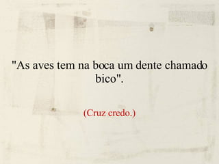 "As aves tem na boca um dente chamado bico". (Cruz credo.) 