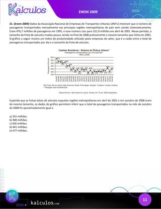 ENEM 2009
11
21. (Enem 2009) Dados da Associação Nacional de Empresas de Transportes Urbanos (ANTU) mostram que o número de
passageiros transportados mensalmente nas principais regiões metropolitanas do país vem caindo sistematicamente.
Eram 476,7 milhões de passageiros em 1995, e esse número caiu para 321,9 milhões em abril de 2001. Nesse período, o
tamanho da frota de veículos mudou pouco, tendo no final de 2008 praticamente o mesmo tamanho que tinha em 2001.
O gráfico a seguir mostra um índice de produtividade utilizado pelas empresas do setor, que é a razão entre o total de
passageiros transportados por dia e o tamanho da frota de veículos.
Supondo que as frotas totais de veículos naquelas regiões metropolitanas em abril de 2001 e em outubro de 2008 eram
do mesmo tamanho, os dados do gráfico permitem inferir que o total de passageiros transportados no mês de outubro
de 2008 foi aproximadamente igual a
a) 355 milhões.
b) 400 milhões.
c) 426 milhões.
d) 441 milhões.
e) 477 milhões.
 