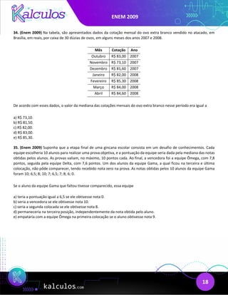 ENEM 2009
18
34. (Enem 2009) Na tabela, são apresentados dados da cotação mensal do ovo extra branco vendido no atacado, em
Brasília, em reais, por caixa de 30 dúzias de ovos, em alguns meses dos anos 2007 e 2008.
Mês Cotação Ano
Outubro R$ 83,00 2007
Novembro R$ 73,10 2007
Dezembro R$ 81,60 2007
Janeiro R$ 82,00 2008
Fevereiro R$ 85,30 2008
Março R$ 84,00 2008
Abril R$ 84,60 2008
De acordo com esses dados, o valor da mediana das cotações mensais do ovo extra branco nesse período era igual a
a) R$ 73,10.
b) R$ 81,50.
c) R$ 82,00.
d) R$ 83,00.
e) R$ 85,30.
35. (Enem 2009) Suponha que a etapa final de uma gincana escolar consista em um desafio de conhecimentos. Cada
equipe escolheria 10 alunos para realizar uma prova objetiva, e a pontuação da equipe seria dada pela mediana das notas
obtidas pelos alunos. As provas valiam, no máximo, 10 pontos cada. Ao final, a vencedora foi a equipe Ômega, com 7,8
pontos, seguida pela equipe Delta, com 7,6 pontos. Um dos alunos da equipe Gama, a qual ficou na terceira e última
colocação, não pôde comparecer, tendo recebido nota zero na prova. As notas obtidas pelos 10 alunos da equipe Gama
foram 10; 6,5; 8; 10; 7; 6,5; 7; 8; 6; 0.
Se o aluno da equipe Gama que faltou tivesse comparecido, essa equipe
a) teria a pontuação igual a 6,5 se ele obtivesse nota 0.
b) seria a vencedora se ele obtivesse nota 10.
c) seria a segunda colocada se ele obtivesse nota 8.
d) permaneceria na terceira posição, independentemente da nota obtida pelo aluno.
e) empataria com a equipe Ômega na primeira colocação se o aluno obtivesse nota 9.
 