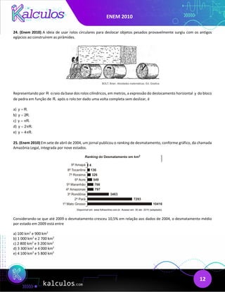 ENEM 2010
12
24. (Enem 2010) A ideia de usar rolos circulares para deslocar objetos pesados provavelmente surgiu com os antigos
egípcios ao construírem as pirâmides.
Representando por R o raio da base dos rolos cilíndricos, em metros, a expressão do deslocamento horizontal y do bloco
de pedra em função de R, após o rolo ter dado uma volta completa sem deslizar, é
a) y R.
=
b) y 2R.
=
c) y R.
π
=
d) y 2 R.
π
=
e) y 4 R.
π
=
25. (Enem 2010) Em sete de abril de 2004, um jornal publicou o ranking de desmatamento, conforme gráfico, da chamada
Amazônia Legal, integrada por nove estados.
Considerando-se que até 2009 o desmatamento cresceu 10,5% em relação aos dados de 2004, o desmatamento médio
por estado em 2009 está entre
a) 100 km2
e 900 km2
b) 1 000 km2
e 2 700 km2
c) 2 800 km2
e 3 200 km2
d) 3 300 km2
e 4 000 km2
e) 4 100 km2
e 5 800 km2
 