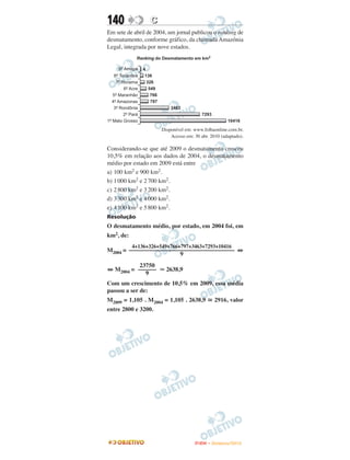 140               C
Em sete de abril de 2004, um jornal publicou o ranking de
desmatamento, conforme gráfico, da chamada Amazônia
Legal, integrada por nove estados.




                      Disponível em: www.folhaonline.com.br.
                          Acesso em: 30 abr. 2010 (adaptado).

Considerando-se que até 2009 o desmatamento cresceu
10,5% em relação aos dados de 2004, o desmatamento
médio por estado em 2009 está entre
a) 100 km2 e 900 km2.
b) 1 000 km2 e 2 700 km2.
c) 2 800 km2 e 3 200 km2.
d) 3 300 km2 e 4 000 km2.
e) 4 100 km2 e 5 800 km2.
Resolução
O desmatamento médio, por estado, em 2004 foi, em
km2, de:
           4+136+326+549+766+797+3463+7293+10416
M2004 = ––––––––––––––––––––––––––––––––––– ⇔
                         9
           23750
⇔ M2004 = ––––––        2638,9
             9
Com um crescimento de 10,5% em 2009, essa média
passou a ser de:
M2009 = 1,105 . M2004 = 1,105 . 2638,9         2916, valor
entre 2800 e 3200.




                                     ENEM – NOVEMBRO/2010
 