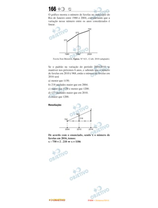 166                C
O gráfico mostra o número de favelas no município do
Rio de Janeiro entre 1980 e 2004, considerando que a
variação nesse número entre os anos considerados é
linear.




    Favela Tem Memória. Época. N.o 621, 12 abr. 2010 (adaptado).


Se o padrão na variação do período 2004/2010 se
mantiver nos próximos 6 anos, e sabendo que o número
de favelas em 2010 é 968, então o número de favelas em
2016 será
a) menor que 1150.
b) 218 unidades maior que em 2004.
c) maior que 1150 e menor que 1200.
d) 177 unidades maior que em 2010.
e) maior que 1200.

Resolução




De acordo com o enunciado, sendo x o número de
favelas em 2016, temos:
x – 750 = 2 . 218 ⇔ x = 1186




                                        ENEM – NOVEMBRO/2010
 