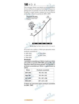 180                 E
Para conseguir chegar a um número recorde de produção
de ovos de Páscoa, as empresas brasileiras começam a se
planejar para esse período com um ano de antecedência.
O gráfico a seguir mostra o número de ovos de Páscoa
produzidos no Brasil no período de 2005 a 2009.




                                                       o
            Revista Veja. São Paulo: Abril, ed. 2107, n. 14, ano 42.


De acordo com o gráfico, o biênio que apresentou maior
produção acumulada foi
a) 2004-2005.            b) 2005-2006.
c) 2006-2007.            d) 2007-2008.
e) 2008-2009.
Resolução
A produção acumulada por biênio só pode ser obtida
pelo gráfico no período 2005-2009, pois o gráfico não
apresenta valores fora desse período. Nesse período, a
produção acumulada por biênio é a apresentada na
tabela.
   Biênio                  Produção acumulada
 2005-2006                      90 + 94 = 184
 2006-2007                      94 + 99 = 193
 2007-2008                     99 + 107 = 206
 2008-2009                     107 + 113 = 220
O biênio que apresentou maior produção acumulada
foi 2008 – 2009.




                                           ENEM – NOVEMBRO/2010
 