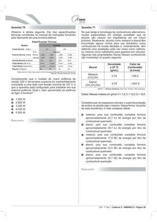 2010
Questão 70    Questão 71




                                     Densidade           Calor de
                    Álcool            a 25 ºC           Combustão
                                       (g/mL)            (kJ/mol)


                        3




                    3
                        CH
                                   Química Ambiental




Rascunho




              Rascunho




                             CN - 1º dia | Caderno 2 - AMARELO - Página 20
 