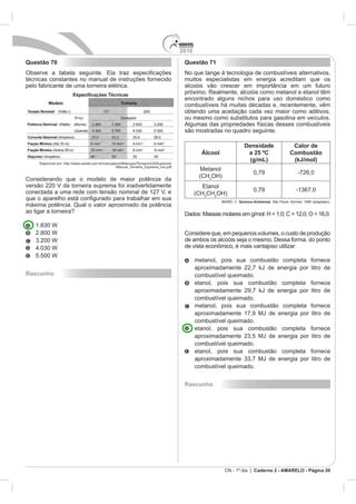 2010
Questão 70    Questão 71




                                     Densidade           Calor de
                    Álcool            a 25 ºC           Combustão
                                       (g/mL)            (kJ/mol)


                        3




                    3
                        CH
                                   Química Ambiental




Rascunho




              Rascunho




                             CN - 1º dia | Caderno 2 - AMARELO - Página 20
 
