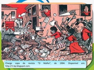 A imagem representa as manifestações nas ruas da cidade do Rio de Janeiro, na primeira década do século XX, que integraram a Revolta da Vacina. Considerando o contexto político-social da época, essa revolta revela A) a insatisfação da população com os benefícios de uma modernização urbana autoritária. B) a consciência da população pobre sobre a necessidade de vacinação para a erradicação das epidemias. C) a garantia do processo democrático instaurado com a República, através da defesa da liberdade de expressão da população. D) o planejamento do governo republicano na área de saúde, que abrangia a população em geral. E) o apoio ao governo republicano pela atitude de vacinar toda a população em vez de privilegiar a elite. Charge capa da revista “O Malho”, de 1904. Disponível em: http://1.bp.blogspot.com. 