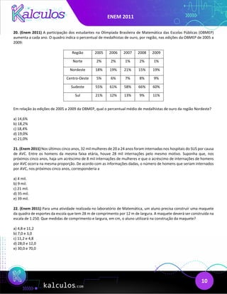 ENEM 2011
10
20. (Enem 2011) A participação dos estudantes na Olimpíada Brasileira de Matemática das Escolas Públicas (OBMEP)
aumenta a cada ano. O quadro indica o percentual de medalhistas de ouro, por região, nas edições da OBMEP de 2005 a
2009:
Região 2005 2006 2007 2008 2009
Norte 2% 2% 1% 2% 1%
Nordeste 18% 19% 21% 15% 19%
Centro-Oeste 5% 6% 7% 8% 9%
Sudeste 55% 61% 58% 66% 60%
Sul 21% 12% 13% 9% 11%
Em relação às edições de 2005 a 2009 da OBMEP, qual o percentual médio de medalhistas de ouro da região Nordeste?
a) 14,6%
b) 18,2%
c) 18,4%
d) 19,0%
e) 21,0%
21. (Enem 2011) Nos últimos cinco anos, 32 mil mulheres de 20 a 24 anos foram internadas nos hospitais do SUS por causa
de AVC. Entre os homens da mesma faixa etária, houve 28 mil internações pelo mesmo motivo. Suponha que, nos
próximos cinco anos, haja um acréscimo de 8 mil internações de mulheres e que o acréscimo de internações de homens
por AVC ocorra na mesma proporção. De acordo com as informações dadas, o número de homens que seriam internados
por AVC, nos próximos cinco anos, corresponderia a
a) 4 mil.
b) 9 mil.
c) 21 mil.
d) 35 mil.
e) 39 mil.
22. (Enem 2011) Para uma atividade realizada no laboratório de Matemática, um aluno precisa construir uma maquete
da quadra de esportes da escola que tem 28 m de comprimento por 12 m de largura. A maquete deverá ser construída na
escala de 1:250. Que medidas de comprimento e largura, em cm, o aluno utilizará na construção da maquete?
a) 4,8 e 11,2
b) 7,0 e 3,0
c) 11,2 e 4,8
d) 28,0 e 12,0
e) 30,0 e 70,0
 