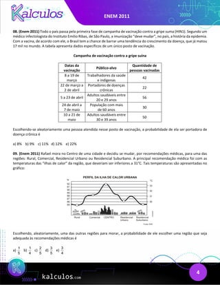 ENEM 2011
4
08. (Enem 2011) Todo o país passa pela primeira fase de campanha de vacinação contra a gripe suma (HIN1). Segundo um
médico infectologista do Instituto Emilio Ribas, de São Paulo, a imunização “deve mudar”, no país, a história da epidemia.
Com a vacina, de acordo com ele, o Brasil tem a chance de barrar uma tendência do crescimento da doença, que já matou
17 mil no mundo. A tabela apresenta dados específicos de um único posto de vacinação.
Campanha de vacinação contra a gripe suína
Datas da
vacinação
Público-alvo
Quantidade de
pessoas vacinadas
8 a 19 de
março
Trabalhadores da saúde
e indígenas
42
22 de março a
2 de abril
Portadores de doenças
crônicas
22
5 a 23 de abril
Adultos saudáveis entre
20 e 29 anos
56
24 de abril a
7 de maio
População com mais
de 60 anos
30
10 a 21 de
maio
Adultos saudáveis entre
30 e 39 anos
50
Escolhendo-se aleatoriamente uma pessoa atendida nesse posto de vacinação, a probabilidade de ela ser portadora de
doença crônica é
a) 8% b) 9% c) 11% d) 12% e) 22%
09. (Enem 2011) Rafael mora no Centro de uma cidade e decidiu se mudar, por recomendações médicas, para uma das
regiões: Rural, Comercial, Residencial Urbano ou Residencial Suburbano. A principal recomendação médica foi com as
temperaturas das “ilhas de calor” da região, que deveriam ser inferiores a 31°C. Tais temperaturas são apresentadas no
gráfico:
Escolhendo, aleatoriamente, uma das outras regiões para morar, a probabilidade de ele escolher uma região que seja
adequada às recomendações médicas é
a)
1
5
b)
1
4
c)
2
5
d)
3
5
e)
3
4
 