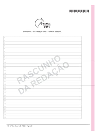 *ROSA25dom15*

QUESTÃO 122                                                                                2 WH[WR SURS}H XPD UHÀexão acerca da língua portuguesa,
                                                                                           ressaltando para o leitor a
                                  TEXTO I
                                                                                           A inauguração do museu e o grande investimento em
    O Brasil sempre deu respostas rápidas através da                                           cultura no país.
solidariedade do seu povo. Mas a mesma força que nos                                       B importância da língua para a construção da
PRWLYD D DMXGDU R SUy[LPR GHYHULD WDPEpP QRV PRWLYDU                                           identidade nacional.
a ter atitudes cidadãs. Não podemos mais transferir a                                      C afetividade tão comum ao brasileiro, retratada
FXOSD SDUD TXHP p YtWLPD RX DWp PHVPR SDUD D SUySULD                                           através da língua.
                                                                                           D relação entre o idioma e as políticas públicas na
QDWXUH]D FRPR VH HVVD VHJXLVVH D OyJLFD KXPDQD
                                                                                               área de cultura.
Sobram desculpas esfarrapadas e falta competência da
                                                                                           E GLYHUVLGDGH pWQLFD H OLQJXtVWLFD H[LVWHQWH QR WHUULWyULR
classe política.                                                                               nacional.
                                                            Cartas. ,VWRp. 28 abr. 2010.
                                                                                           QUESTÃO 124
                                 TEXTO II
    Não podemos negar ao povo sofrido todas as
KLSyWHVHV GH SUHYLVmR GRV GHVDVWUHV 'HPDJRJRV
culpam os moradores; o governo e a prefeitura apelam
para as pessoas saírem das áreas de risco e agora
GL]HP TXH VHUi FRPSXOVyULD D UHDORFDomR (QWmR
WHPRV D UHDORFDU R %UDVLO LQWHLUR ULHPRV XP VHUYLoR
VLPLODU DR 686 FRP DORFDomR REULJDWyULD GH UHFXUVRV
orçamentários com rede de atendimento preventivo,
RQGH SDUWLFLSDULDP DUTXLWHWRV HQJHQKHLURV JHyORJRV
%HP RX PDO HVVH ³686´ RUJDQL]DULD EULJDGDV QRV ORFDLV
1RV FDVRV GD GHQJXH SRU H[HPSOR SRGHULD YHUL¿FDU DV
condições de acontecer epidemias. Seriam boas ações
preventivas.
                                Carta do Leitor. DUWD DSLWDO. 28 abr. 2010 (adaptado).

Os textos apresentados expressam opiniões de leitores
acerca de relevante assunto para a sociedade brasileira.
Os autores dos dois textos apontam para a
A necessidade de trabalho voluntário contínuo para a
  resolução das mazelas sociais.
B importância de ações preventivas para evitar                                                       Disponível em: http://www.ccsp.com.br. Acesso em: 27 jul. 2010 (adaptado).

  catástrofes, indevidamente atribuídas aos políticos.                                     O texto é uma propaganda de um adoçante que tem o
C incapacidade política para agir de forma diligente na                                    VHJXLQWH PRWH ³0XGH VXD HPEDODJHP´ $ HVWUDWpJLD TXH
  resolução das mazelas sociais.                                                           o autor utiliza para o convencimento do leitor baseia-se
D XUJrQFLD GH VH FULDUHP QRYRV yUJmRV S~EOLFRV FRP                                         no emprego de recursos expressivos, verbais e não
                                                                                           verbais, com vistas a
  as mesmas características do SUS.
E LPSRVVLELOLGDGH GH R KRPHP DJLU GH IRUPD H¿FD] RX                                        A ridicularizar a forma física do possível cliente do
                                                                                               produto anunciado, aconselhando-o a uma busca de
  preventiva diante das ações da natureza.                                                     mudanças estéticas.
                                                                                           B enfatizar a tendência da sociedade contemporânea
QUESTÃO 123
                                                                                               de buscar hábitos alimentares saudáveis, reforçando
                     (QWUH LGHLD H WHFQRORJLD                                                  tal postura.
                                                                                           C criticar o consumo excessivo de produtos
   O grande conceito por trás do Museu da Língua é                                             industrializados por parte da população, propondo a
apresentar o idioma como algo vivo e fundamental para                                          redução desse consumo.
o entendimento do que é ser brasileiro. Se nada nos                                        D DVVRFLDU R YRFiEXOR ³Do~FDU´ j LPDJHP GR FRUSR IRUD
GH¿QH FRP FODUH]D D IRUPD FRPR IDODPRV R SRUWXJXrV                                            de forma, sugerindo a substituição desse produto
nas mais diversas situações cotidianas é talvez a melhor                                       pelo adoçante.
                                                                                           E relacionar a imagem do saco de açúcar a um corpo
expressão da brasilidade.
                                                                                               humano que não desenvolve atividades físicas,
 SCARDOVELI, E. 5HYLVWD /tQJXD 3RUWXJXHVD. São Paulo: Segmento, Ano II, nº 6, 2006.            incentivando a prática esportiva.
LC - 2º dia | Caderno 8 - ROSA - Página 15
 