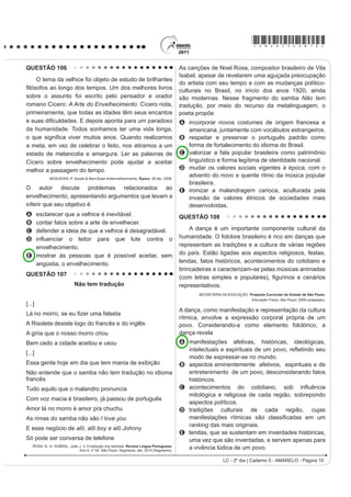 GHMD HQ HO SDtV XQ SURPHGLR GH   GyODUHV
E apresentar os defeitos mais comuns de softwares
    em aparelhos médicos.                                                                (unos 1 538 euros).

QUESTÃO 92                                                                                   Carlos Canales, presidente de DQDWXU VHxDOy TXH
                                                                                         la ciudadela tiene capacidad para recibir más visitantes
                     %LHQYHQidR D %UDVtOLD
                                                                                         que en la actualidad (un máximo de 3 000) con un sistema
    El Gobierno de Brasil, por medio del Ministerio de la                                SODQL¿FDGR GH KRUDULRV  UXWDV SHUR QR TXLVR DYDQ]DU
XOWXUD  GHO ,QVWLWXWR GHO 3DWULPRQLR +LVWyULFR  $UWtVWLFR                             una cifra. Sin embargo, la Unesco ha advertido en varias
Nacional (IPHAN), da la bienvenida a los participantes
                                                                                         ocasiones que el monumento se encuentra cercano al
GH OD  6HVLyQ GHO RPLWp GHO 3DWULPRQLR 0XQGLDO
HQFXHQWUR UHDOL]DGR SRU OD 2UJDQL]DFLyQ GH ODV 1DFLRQHV                                  SXQWR GH VDWXUDFLyQ  HO *RELHUQR QR GHEH HPSUHQGHU
8QLGDV SDUD OD (GXFDFLyQ OD LHQFLD  OD XOWXUD                                        QLQJXQD SROtWLFD GH FDSWDFLyQ GH QXHYRV YLVLWDQWHV DOJR
(UNESCO).                                                                                con lo que coincide el viceministro Roca Rey.
    5HVSDOGDGR SRU OD RQYHQFLyQ GHO 3DWULPRQLR                                                            Disponível em: http://www.elpais.com. Acesso em: 21 jun. 2011.

0XQGLDO GH  HO RPLWp UH~QH HQ VX  VHVLyQ PiV
de 180 delegaciones nacionales para deliberar sobre las                                  A reportagem do jornal espanhol mostra a preocupação
QXHYDV FDQGLGDWXUDV  HO HVWDGR GH FRQVHUYDFLyQ  GH                                     diante de um problema no Peru, que pode ser resumido
riesgo de los bienes ya declarados Patrimonio Mundial,                                   SHOR YRFiEXOR ³GHVPDFKXSL]DU´ UHIHULQGRVH
con base en los análisis del Consejo Internacional de
                                                                                         A   à escassez de turistas no país.
Monumentos y Sitios (Icomos), del Centro Internacional
SDUD HO (VWXGLR GH OD 3UHVHUYDFLyQ  OD 5HVWDXUDFLyQ GHO                                 B   ao difícil acesso ao lago Titicaca.
3DWULPRQLR XOWXUDO ,520 