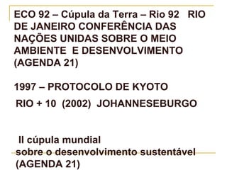 ECO 92 – Cúpula da Terra – Rio 92 RIO
DE JANEIRO CONFERÊNCIA DAS
NAÇÕES UNIDAS SOBRE O MEIO
AMBIENTE E DESENVOLVIMENTO
(AGENDA 21)

1997 – PROTOCOLO DE KYOTO
RIO + 10 (2002) JOHANNESEBURGO


 II cúpula mundial
sobre o desenvolvimento sustentável
(AGENDA 21)
 