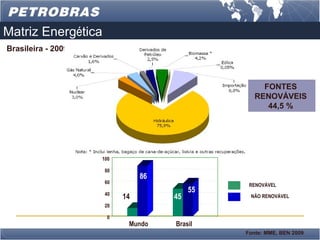 Matriz Energética
Brasileira - 2009



                                                   FONTES
                                                 RENOVÁVEIS
                                                    44,5 %




                    %
                    100

                     80
                               86
                     60
                                               RENOVÁVEL
                     40
                                         55
                          14        45         NÃO RENOVÁVEL
                     20

                      0
                           Mundo    Brasil
                                              Fonte: MME, BEN 2009
 
