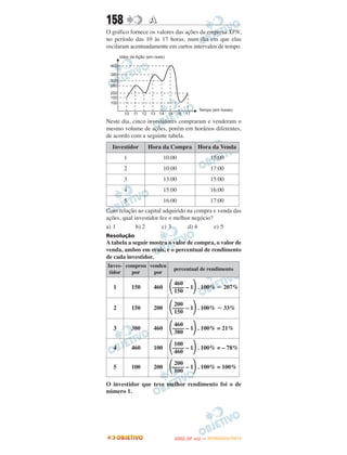 158              A
O gráfico fornece os valores das ações da empresa XPN,
no período das 10 às 17 horas, num dia em que elas
oscilaram acentuadamente em curtos intervalos de tempo.




Neste dia, cinco investidores compraram e venderam o
mesmo volume de ações, porém em horários diferentes,
de acordo com a seguinte tabela.
  Investidor     Hora da Compra Hora da Venda
       1                 10:00                    15:00
       2                 10:00                    17:00
       3                 13:00                    15:00
       4                 15:00                    16:00
       5                 16:00                    17:00
Com relação ao capital adquirido na compra e venda das
ações, qual investidor fez o melhor negócio?
a) 1         b) 2       c) 3      d) 4       e) 5
Resolução
A tabela a seguir mostra o valor de compra, o valor de
venda, ambos em reais, e o percentual de rendimento
de cada investidor.
Inves- comprou vendeu
                            percentual de rendimento
 tidor   por     por

  1        150     460     ΂–––– – 1΃ . 100% Ӎ 207%
                             460
                             150

  2        150     200     ΂–––– – 1΃ . 100% Ӎ 33%
                             200
                             150

  3        380     460     ΂–––– – 1΃ . 100% = 21%
                             460
                             380

  4        460     100     ΂–––– – 1΃ . 100% = – 78%
                             100
                             460

  5        100     200     ΂–––– – 1΃ . 100% = 100%
                             200
                             100

O investidor que teve melhor rendimento foi o de
número 1.




                                    O
                             ENEM (2.   DIA)   — NOVEMBRO/2012
 