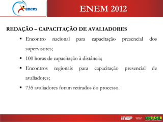REDAÇÃO – CAPACITAÇÃO DE AVALIADORES
 Encontro nacional para capacitação presencial dos
supervisores;
 100 horas de capacitação à distância;
 Encontros regionais para capacitação presencial de
avaliadores;
 735 avaliadores foram retirados do processo.
ENEM 2012
 