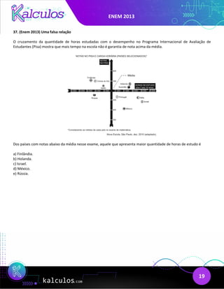 ENEM 2013
19
37. (Enem 2013) Uma falsa relação
O cruzamento da quantidade de horas estudadas com o desempenho no Programa Internacional de Avaliação de
Estudantes (Pisa) mostra que mais tempo na escola não é garantia de nota acima da média.
Dos países com notas abaixo da média nesse exame, aquele que apresenta maior quantidade de horas de estudo é
a) Finlândia.
b) Holanda.
c) Israel.
d) México.
e) Rússia.
 
