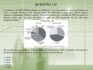 QUESTÃO 150
O polímero de PET (Politereftalato de Etileno) é um dos plásticos mais reciclados em
todo o mundo devido à sua extensa gama de aplicações, entre elas, fibras têxteis,
tapetes, embalagens, filmes e cordas. Os gráficos mostram o destino do PET reciclado no
Brasil, sendo que, no ano de 2010, o total de PET reciclado foi de 282 kton
(quilotoneladas).
De acordo com os gráficos, a quantidade de embalagens PET recicladas destinadas à
produção de tecidos e malhas, em kton, é mais aproximada de
a) 16,0.
b) 22,9.
c) 32,0.
d) 84,6.
e) 106,6.
 