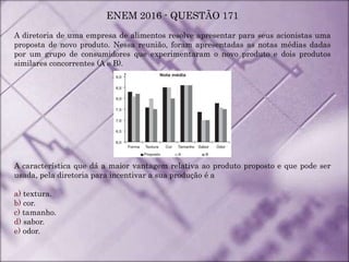 ENEM 2016 - QUESTÃO 171
A diretoria de uma empresa de alimentos resolve apresentar para seus acionistas uma
proposta de novo produto. Nessa reunião, foram apresentadas as notas médias dadas
por um grupo de consumidores que experimentaram o novo produto e dois produtos
similares concorrentes (A e B).
A característica que dá a maior vantagem relativa ao produto proposto e que pode ser
usada, pela diretoria para incentivar a sua produção é a
a) textura.
b) cor.
c) tamanho.
d) sabor.
e) odor.
 