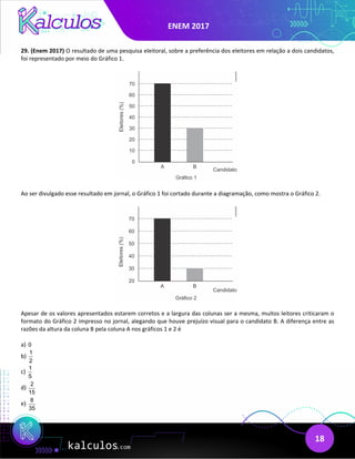 ENEM 2017
18
29. (Enem 2017) O resultado de uma pesquisa eleitoral, sobre a preferência dos eleitores em relação a dois candidatos,
foi representado por meio do Gráfico 1.
Ao ser divulgado esse resultado em jornal, o Gráfico 1 foi cortado durante a diagramação, como mostra o Gráfico 2.
Apesar de os valores apresentados estarem corretos e a largura das colunas ser a mesma, muitos leitores criticaram o
formato do Gráfico 2 impresso no jornal, alegando que houve prejuízo visual para o candidato B. A diferença entre as
razões da altura da coluna B pela coluna A nos gráficos 1 e 2 é
a) 0
b)
1
2
c)
1
5
d)
2
15
e)
8
35
 