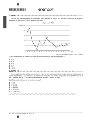 MT - 2º dia | Caderno 5 - AMARELO - Página 30
QUESTÃO 177
apresenta os valores do IPCA nos anos de 1994 a 2011.
A 5,97.
B 6,24.
C 6,50.
D 8,07.
E 10,10.
QUESTÃO 178
A 1 : 20
B 1 : 2 000
C 1 : 20 000
D 1 : 200 000
E 1 : 2 000 000
Inflação Anual - IPCA
Inflação
Ano
22,41
18,57
9,56 8,94
5,22
1,65
5,97
7,67
12,53
9,30
7,60
5,69
3,14
5,90
4,46
5,91
4,31
6,50
25
20
15
10
5
0
94 95 96 97 98 99 00 01 02 03 04 05 06 07 08 09 10 11
*DO0525AM30*
 