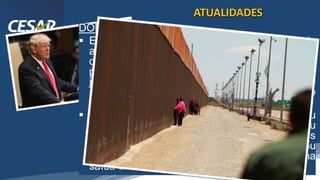 /vinistoria
DONALD TRUMP:
 Em junho de 2018, uma lei dos anos 50, previa
a separação de pais e filhos de imigrantes sem
documentos. Esta norma nunca havia sido
posta em prática e as imagens de crianças em
jaulas levantaram uma onda de protestos pelo
mundo. Dias depois, o presidente Trump
revogou a lei.
 No campo econômico, Trump criticou
fortemente a União Europeia e ameaçou
aumentar vários impostos de produtos vindos
deste bloco econômico. Também se mostrou
favorável e elogiou aqueles que defendem uma
saída da UE de maneira dura.
ATUALIDADES
 