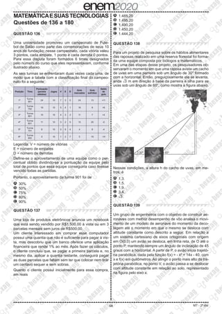 MATEMÁTICAESUASTECNOLOGIAS
Questões de 136 a 180
14 MT - 2º dia
QUESTÃO 136
Uma universidade promoveu um campeonato de Fute-
bol de Salão como parte das comemorações de seus 10
anos de fundação; nesse campeonato, cada vitória valeu
3 pontos, cada empate, 1 ponto e cada derrota 0 pontos.
Para essa disputa foram formados 6 times designados
pelo número do curso que eles representavam, conforme
ilustrado abaixo.
As seis turmas se enfrentaram duas vezes cada uma, de
modo que a tabela com a classificação final do campeo-
nato foi a seguinte:
Posição Time
Pontuação
(pontos
obtidos)
Jogos V E D
Gols
marcados
Gols
sofridos
Saldo
de
gols
1ª
Turma
901
24 10 7 3 0 24 13 +11
2ª
Turma
702
19 10 5 4 1 16 8 +8
3ª
Turma
801
15 10 4 3 3 11 7 +4
4ª
Turma
601
11 10 3 2 5 15 20 -5
5ª
Turma
701
6 10 0 6 4 4 8 -4
6ª
Turma
602
5 10 1 2 7 5 19 -14
Legenda: V = número de vitórias
E = número de empates
D = número de derrotas
Define-se o aproveitamento de uma equipe como o per-
centual obtido dividindo-se a pontuação da equipe pelo
total de pontos que essa equipe conseguiria caso tivesse
vencido todas as partidas.
Portanto, o aproveitamento da turma 901 foi de
A 	30%
B 	50%
C 	75%
D 	80%
E 	90%
QUESTÃO 137
Uma loja de produtos eletrônicos anuncia um notebook
que está sendo vendido por R$1.500,00 à vista ou em 3
parcelas mensais sem juros de R$500,00.
Um cliente interessado em comprar esse computador
possui uma quantia que não é suficiente para pagar à vis-
ta, mas descobriu que um banco oferece uma aplicação
financeira que rende 1% ao mês. Após fazer os cálculos,
o cliente concluiu que, se pagar a primeira parcela e, no
mesmo dia, aplicar a quantia restante, conseguirá pagar
as duas parcelas que faltam sem ter que colocar nem tirar
um centavo sequer e sem sobras.
Quanto o cliente possui inicialmente para essa compra,
em reais
A 	1.485,20
B 	1.495,20
C 	1.490,20
D 	1.450,20
E 	1.444,20
QUESTÃO 138
Para um projeto de pesquisa sobre os hábitos alimentares
das raposas realizado em uma reserva florestal foi forma-
da uma equipe composta por biólogos e matemáticos.
Em uma das etapas desse projeto, os pesquisadores ob-
servaram o momento em que uma raposa avista um cacho
de uvas em uma parreira sob um ângulo de 30° formado
com a horizontal. Então, preguiçosamente ela se levanta,
anda ​
​
dXX 
3 
​
​m em direção à base da parreira e olha para as
uvas sob um ângulo de 60°, como mostra a figura abaixo.
Nessas condições, a altura h do cacho de uvas, em me-
tros, é
A 	1,3.
B 	1,5.
C 	1,9.
D 	3,4.
E 	​​dXX 
3 ​​.
QUESTÃO 139
Um grupo de engenheiros com o objetivo de construir ae-
ronaves com melhor desempenho de vôo analisa o movi-
mento de um modelo de aeronave do momento da deco-
lagem até o momento em que o mesmo se desloca com
altitude constante como descrito a seguir. Em relação a
um sistema cartesiano de eixos ortogonais com origem
em O(0,0) um avião se desloca, em linha reta, de O até o
ponto P, mantendo sempre um ângulo de inclinação de 45
graus com a horizontal. A partir de P, o avião inicia trajetó-
ria parabólica, dada pela função f(x) = - x2
+ 14x - 40, com
x e f(x) em quilômetros. Ao atingir o ponto mais alto da tra-
jetória parabólica, no ponto V, o avião passa a se deslocar
com altitude constante em relação ao solo, representado
na figura pelo eixo x.
 