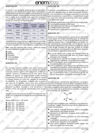 6 CN - 2º dia
QUESTÃO 104
É comum o uso de faixas elásticas para simular exercí-
cios físicos que normalmente seriam feitos com halteres.
A dificuldade que cada faixa oferece está associada à sua
constante elástica. Juliana decidiu começar o ano de 2020
com o intuito de se exercitar mais, para isso resolveu ir
a uma loja de artigos esportivos e comprar uma dessas
faixas. Lá, encontrou os seguintes tipos:
Cor
Dificul-
dade
Cons-
tante
Elástica
Compri-
mento
Comp.
Máximo
Verde Leve 300 N/m 1m 1,6m
Amarela
Mode-
rada
600 N/m 1,1m 1,5m
Vermelha Difícil
1.500
N/m
1,2m 1,4m
Juliana lembrou-se que fazia um agachamento com halte-
res, levantando um total de 20 kg. Caso ela queira simular
o mesmo exercício com a faixa elástica, a mais indica será
Obs.: para ser realizado com a faixa, o exercício precisa
de uma mobilidade de pelo menos 25 cm.
A 	verde
B 	amarela
C 	vermelha
D 	nenhuma delas
E 	qualquer uma
QUESTÃO 105
No mercado joalheiro existem dois tipos distintos de
quilates: o do diamante, que é uma unidade de medida,
onde um quilate é igual a 200 miligramas (0.200 gra-
mas ou 1 grama = 5 quilates), e o do ouro, que é uma
unidade de pureza. O termo quilates surgiu quando
Constantino “O Grande” (272-337 DC) mandou cunhar
o Solidus; moeda em ouro fino, pesava 24 sementes
de alfarroba, ou 24 quilates, surgindo aqui a expres-
são “ouro de 24 quilates” para o ouro puro. A pureza
do ouro é dada pela quantidade real do componente
presente na pepita. Quando o nível de pureza é de
99,99% (m/m), ele pode ser classificado como 24 qui-
lates.
Calcule a pureza de uma joia de ouro 18 quilates de mas-
sa 30 g e a quantidade de átomos de ouro presentes nes-
sa joia.
Massa molar do Au = 197 g/mol.
A 	25%; 9,8 ∙ 1019
átomos.
B 	75%; 6,8 ∙ 1022
átomos.
C 	25%; 5,8 ∙ 1019
átomos
D 	55%; 6,8 ∙ 1022
átomos.
E 	95%; 6,8 ∙ 1022
átomos.
QUESTÃO 106
O tamanho corporal pode ser um fator limitante para a có-
pula entre algumas raças de cães domésticos. Entretan-
to, caso essa barreira física seja superada, o cruzamento
gera descendentes vivos e férteis. A possibilidade de ge-
rar uma prole viável no cruzamento entre raças caninas
está relacionada ao(à)
A 	oscilação genética das raças, promovendo a especiação.
B 	convergência adaptativa das raças.
C 	isolamento espacial entre as populações caninas.
D 	pressão seletiva intrarracial.
E 	manutenção do fluxo gênico entre as raças.
QUESTÃO 107
Robson é um adolescente que, apesar de sua deficiência
visual, nunca encontrou empecilhos para se dedicar aos
estudos. Ele cursa o 1º ano de Ensino Médio em uma es-
cola que oferece todo o material didático em braile. Um
dia, estudando os conteúdos das Leis de Newton, ele se
maravilhou ao perceber que a Física era capaz de explicar
o fato de ele conseguir ler pelo tato, a partir do contato
dos seus dedos com a superfície em alto-relevo do braile.
A lei de Newton capaz de explicar isso é
A 	a Lei da Inércia, pois a força que Robson recebe da
superfície é balanceada pelo peso do próprio dedo,
deixando-o em repouso.
B 	a Lei da Inércia, pois até que Robson não exerça uma
força grande o suficiente, o livro não irá se mover.
C 	a 2ª Lei de Newton, pois a força exercida por Robson é
a resultante total sobre o livro.
D 	a 3ª Lei de Newton, pois Robson tem seus dedos pres-
sionados pela superfície, devolvendo assim um par re-
ação para deixá-los em contato com o relevo.
E 	a 3ª Lei de Newton, pois Robson exerce uma força so-
bre a superfície em relevo, a qual devolve um par rea-
ção em seus dedos, permitindo a sensação do tato.
QUESTÃO 108
Os aminoácidos, constituintes das proteínas, se compor-
tam como ácidos por causa do grupo carboxila (-
COOH) e
como bases por causa do grupo amina (NH2
). Isso possi-
bilita a reação da parte ácida com a parte básica, gerando
um sal. Como ela se dá no mesmo composto, o sal forma-
do é chamado de "sal interno".
Os sais internos também são conhecidos como Zwitterion,
do alemão "zwitter" (híbrido) ou íon híbrido. Essa denomi-
nação ocorre porque
A 	uma mesma molécula apresenta átomos carregados
eletricamente com cargas opostas.
B 	um mesmo íon apresenta um grupo ácido e básico ao
mesmo tempo.
C 	o sal interno formado é produto de uma combustão
completa.
D 	o sal interno apresenta um grupo éster que é produto
de um ácido carboxílico com um álcool.
E 	uma mesma molécula apresenta caráter neutro, não
age como ácido nem como base.
 